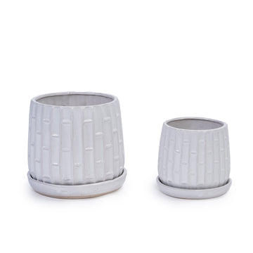 Handmade White Glazed Ceramic Planter Set of 2, 6" & 8" Diameter, Bamboo-like Pattern, for Orchids Indoor/Outdoor Shelf & Table Use, Breathable Clay