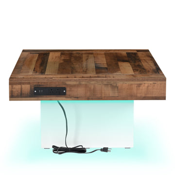 Clihome 31.4'' x 31.4'' Farmhouse Coffee Table with 2 USB Ports and Outlets, Brown Spliced Wood Grain Center Table with LED Light, Rustic Cocktail Table with Charging Station for Living Room, White