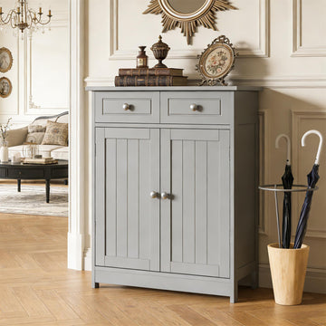 Freestanding Entryway Cabinet, Grey MDF Storage Cabinet with Adjustable Shelf, 1 Cabinet & 2 Drawers