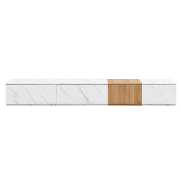 Clihome TV Stand with Faux Marble and Walnut Wood Grain Finish for TVs up to 88'', Modern Free-Combination Entertainment Center with 4 Storage Drawers for Living Room, White