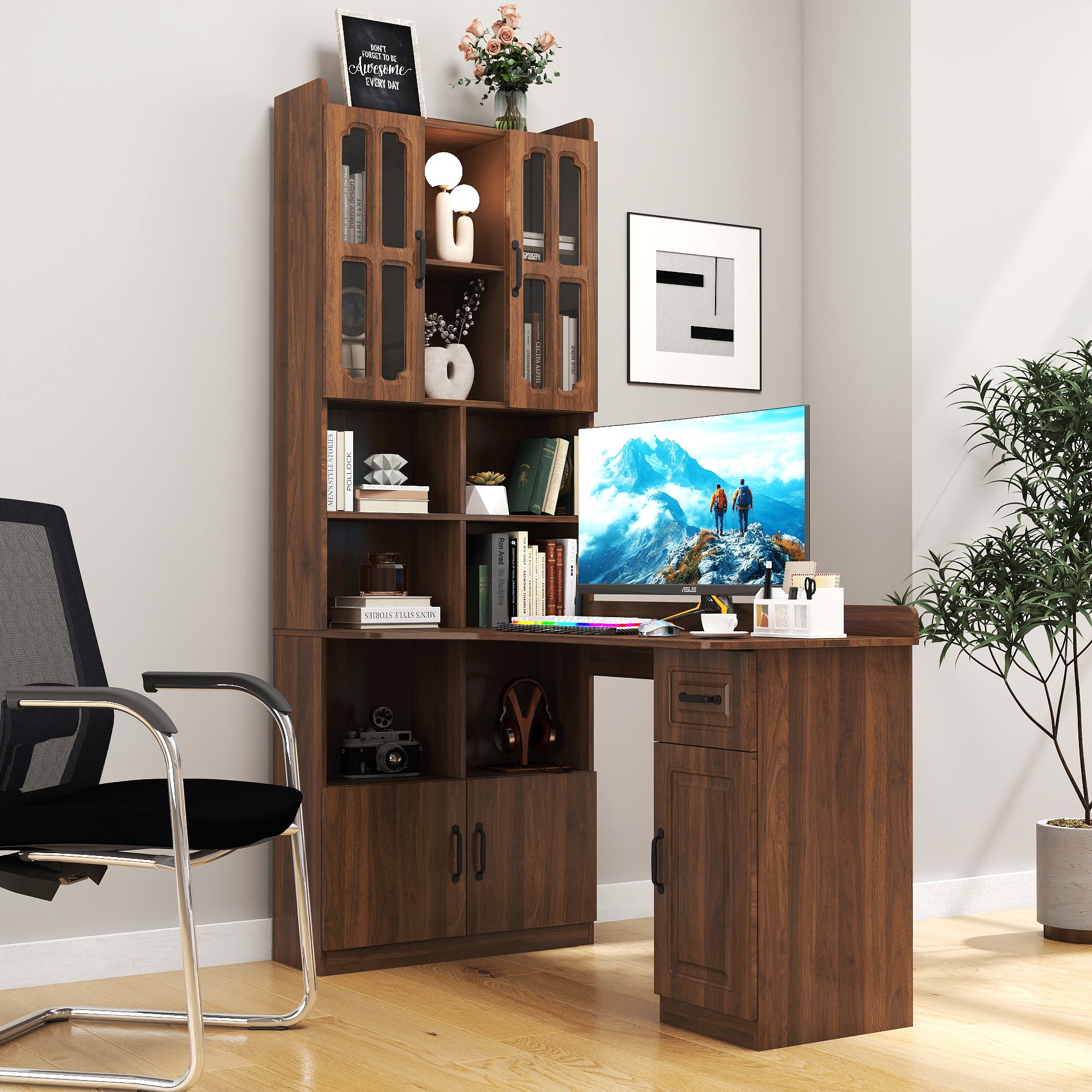 L-Shaped Corner Computer Desk for Home Office or Study desk, Study Modern Style Table with Drawers, Bookshelf & Hutch, 2-in-1 L-Shaped Design, Large Working Space