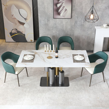 Modern Dining Table , White Dining Table Sintered Stone Dining Table Top with stainless steel base, 71 inch Modern Luxury White Rectangular Dining Table(4 chairs)