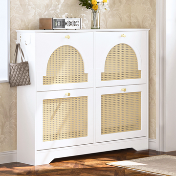 Mid-Century Narrow Design Tipping Bucket Shoe Cabinet with 4 Flip Drawers, Elegant Entryway Shoe Organizer with 4 Rattan Doors, Freestanding Shoe Rack with 2 Silvery Hooks for Hallway, White/Black, 42.1