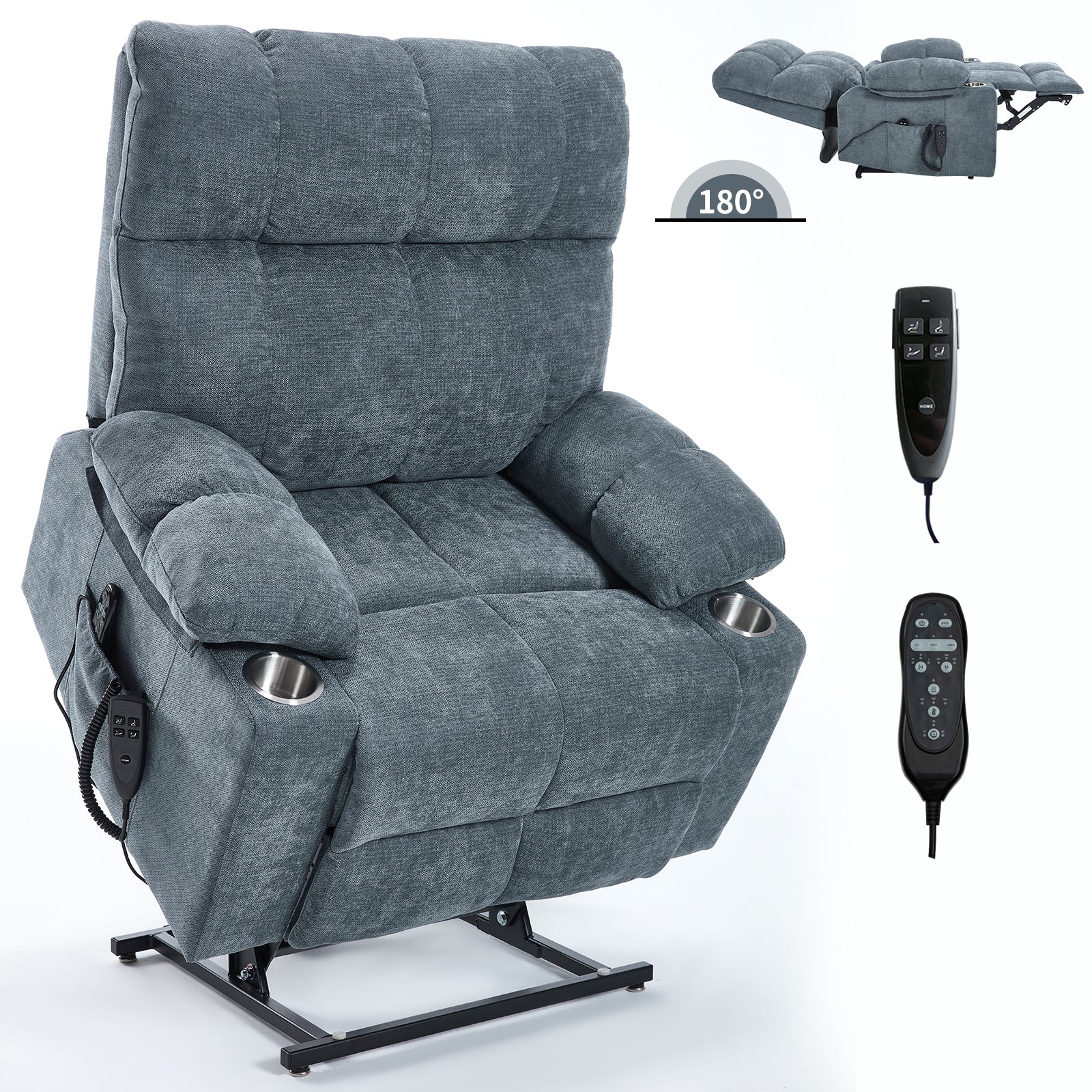 Grey Blue Dual Motor Infinite Position Up to 350 LBS Chenille Power Lift Recliner Chair, Heavy Duty Motion Mechanism with 8-Point Vibration Massage and Lumbar Heating, Dual Cup Holders