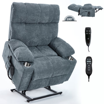 Grey Blue Dual Motor Infinite Position Up to 350 LBS Chenille Power Lift Recliner Chair, Heavy Duty Motion Mechanism with 8-Point Vibration Massage and Lumbar Heating, Dual Cup Holders