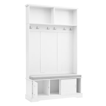 Clihome Elegant Hall Tree with Sliding Doors, Versatile Coat Rack with 6 Silvery Hooks & Handles, Mudroom Bench Cabinet with Shoe Storage & 44.4