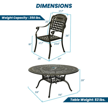 Cast Aluminium Patio-Set 7-Piece Bronze Patio Dining Set Aluminum Round Table with 6 Stationary Chairs, Suitable for backyards, patios, balconies and gardens