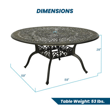 59. in Cast Aluminum Patio Round Dining Table with Umbrella Hole