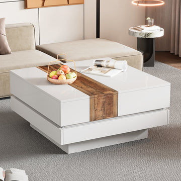 31.4'' x 31.4'' Square Coffee Table with Sliding Tabletop, High Gloss Center Table with Hidden Storage Compartment, Extendable Cocktail Table with Walnut Grain Finish for Living Room, White/Black