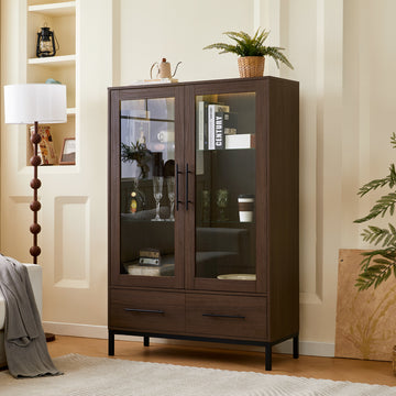 60'' Tall Display Cabinet with Tempered Glass Door, LED Lighting, Two Drawers, Modern Style Storage Cabinet for Living Room, Office & Study, Black/Brown