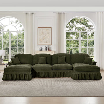 Classic U Shape 4 Seater Modular Sectional Sofa Couch with Flared Arms and Removable Ruffles Pleats Skirts and Spindle Legs, Chenille Deep Seat Cloud Sofa with Movable Ottomans, Green