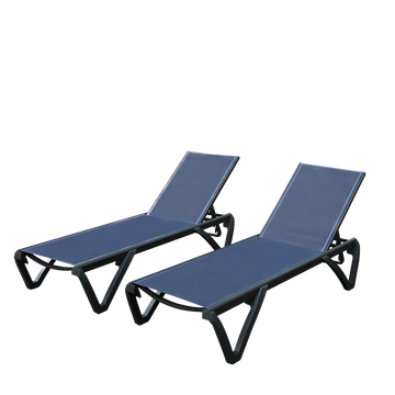 2 Pcs Outdoor Lounge Chair, Aluminum Plastic Patio Chaise Lounge with 5 Position Adjustable Backrest and Wheels, Navy Blue