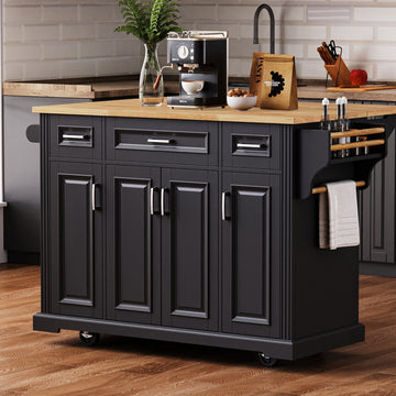 Kitchen Island with Adjustable Shelf, Lockable Wheels Mobile Rolling Kitchen Cart, Black