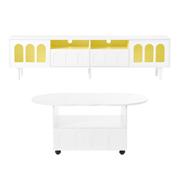 Clihome Cream Style TV Stand and Coffee Table Set of 2,  LED Light Strip TV Stand for TVs Up to 80'', Cloud Top Coffee Table with 2 Brake Wheels for Living Room, White