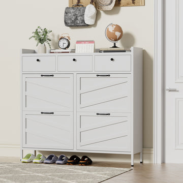 Metal Shoe Cabinet White - 4 Flip Drawers + 3 Drawers, Slim 11.8"D Freestanding Steel Shoe Organizer, Anti-Tip Hidden Entryway Shoe Rack