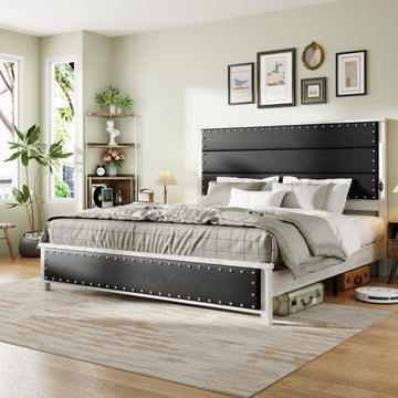 King Size Bed Frame with Upholstered Headboard, King Bed Frame with Charging Station and LED Lights, Wood Slats, Dark Gray Faux Leather & Rivets, No Box Spring Needed, Easy Assembly