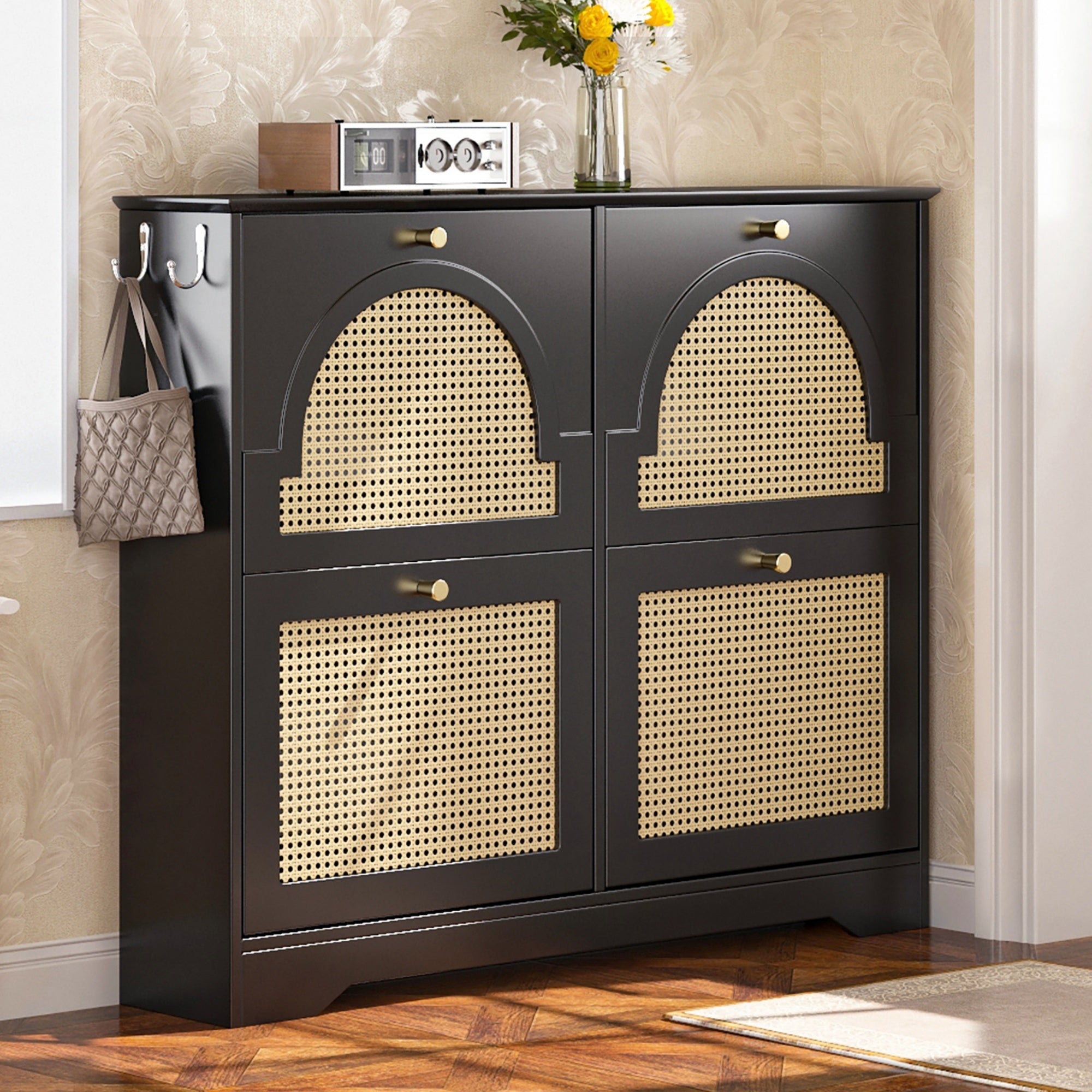 Mid-Century Narrow Design Tipping Bucket Shoe Cabinet with 4 Flip Drawers, Elegant Entryway Shoe Organizer with 4 Rattan Doors, Freestanding Shoe Rack with 2 Silvery Hooks for Hallway, White/Black, 42.1"W