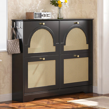 Mid-Century Narrow Design Tipping Bucket Shoe Cabinet with 4 Flip Drawers, Elegant Entryway Shoe Organizer with 4 Rattan Doors, Freestanding Shoe Rack with 2 Silvery Hooks for Hallway, White/Black, 42.1