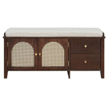 Clihome Shoe Storage Bench, Vintage Shoe Bench with Storage and Cushion, Shoe Bench with 2 Drawers and 2 Rattan Door for Entryway, Bedroom, Living Room, Espresso