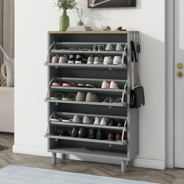 Narrow Design Tipping Bucket Shoe Cabinet with 3 Flip Drawers, Wood Grain Pattern Top Entryway Organizer with 3 Hooks, Free Standing Shoe Rack with Adjustable Panel for Hallway, Grey