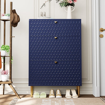 Clihome Modern 3 Flip Drawers Free Standing Shoe Racks,Shoes Cabinet with Brass Knobs and Legs, 24 Pair for Entryway (Blue)