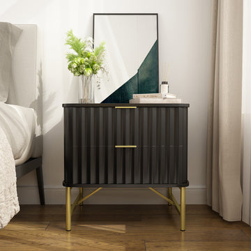 19 Inch Nightstand，Modern End Table with 2 Drawers，2 Tier Side Table with Gold Legs for Bedroom, Living Room, Black