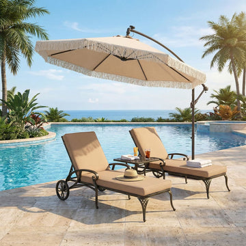 10FT Iron Cantilever Patio Umbrella with Tassels – 360° Rotating Outdoor Offset Umbrella with PU-Coated Polyester Canopy