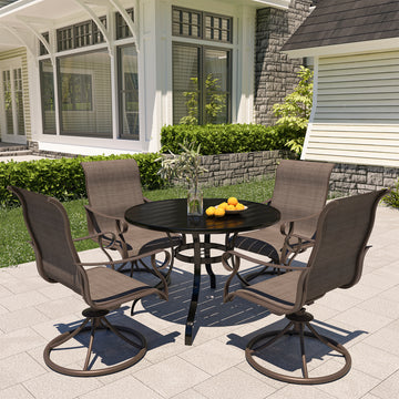 Outdoor 5 Piece Steel Patio Swivel Chair Dining Set(1 Round Table,4 Chairs)，Made From Powder-Coated Steel Frame To Maximize Comfort And Style