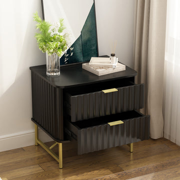 19 Inch Nightstand，Modern End Table with 2 Drawers，2 Tier Side Table with Gold Legs for Bedroom, Living Room, Black