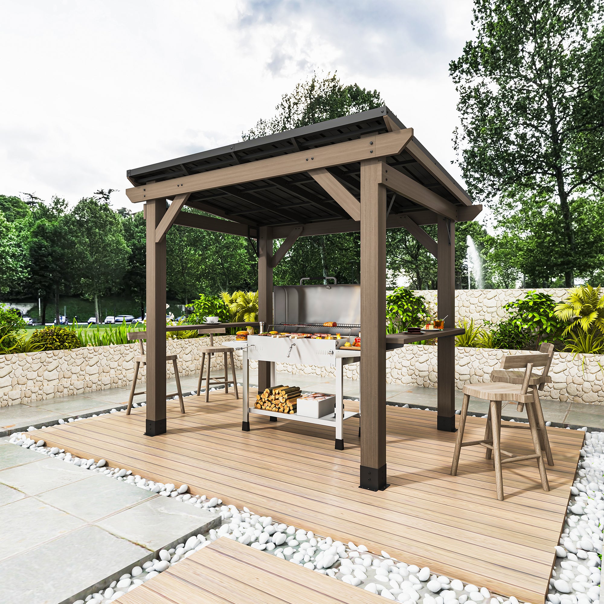 Outdoor Cedar Wooden Hardtop Gazebo with Pitched Galvanized Steel Roof