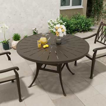48" Round Cast Aluminum Outdoor Dining Table with Umbrella Hole – Weather-Resistant Patio Table for Garden & Backyard