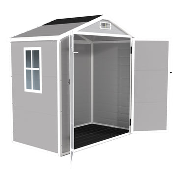 6x6 FT Storage Shed, Waterproof Resin Outdoor Storage Shed with Floor & Window & Lockable Doors and Vents, Tool Shed for Bike, Garden, Backyard,Lawn, All Weather Use, Light Grey