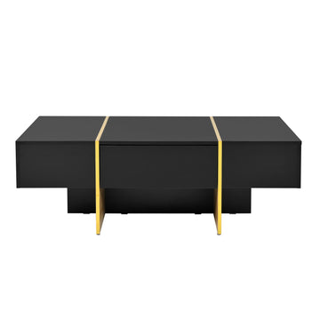 Clihome 47.2'' x 31.4''Minimalist High Gloss Coffee Table with 2 Drawers, Multi-Storage Rectangle Sofa Table with Golden Wood Grain Legs, Modern Center Table for Living Room, Black