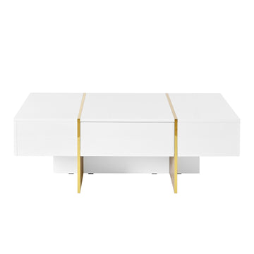 Clihome 47.2'' x 31.4''Minimalist High Gloss Coffee Table with 2 Drawers, Multi-Storage Rectangle Sofa Table with Golden Wood Grain Legs, Modern Center Table for Living Room, White