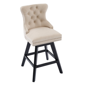 Swivel Velvet Barstools with Button Tufted Decoration and Wooden Legs, and Chrome Nailhead Trim, Leisure Style Bar Chairs,Bar stools, Set of 2