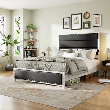 Queen Size Bed Frame with Upholstered Headboard, Queen Bed Frame with Charging Station and LED Lights, Wood Slats, Dark Gray Faux Leather & Rivets, No Box Spring Needed, Easy Assembly