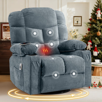 Oversized Massage Swivel Recliner Chair with Lumbar Heating for Living Room Rocker Recliner with Cup Holders and USB Charge Port,Blue