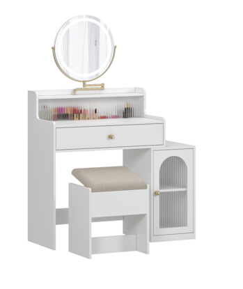 White Vanity Desk with 360° Rotated Mirror and Adjustable Lights, Girls Makeup Vanity Table with Storage Chair and Side Cabinet with Waveform Glass Doors, Dressing Table with Drawer for Bedroom