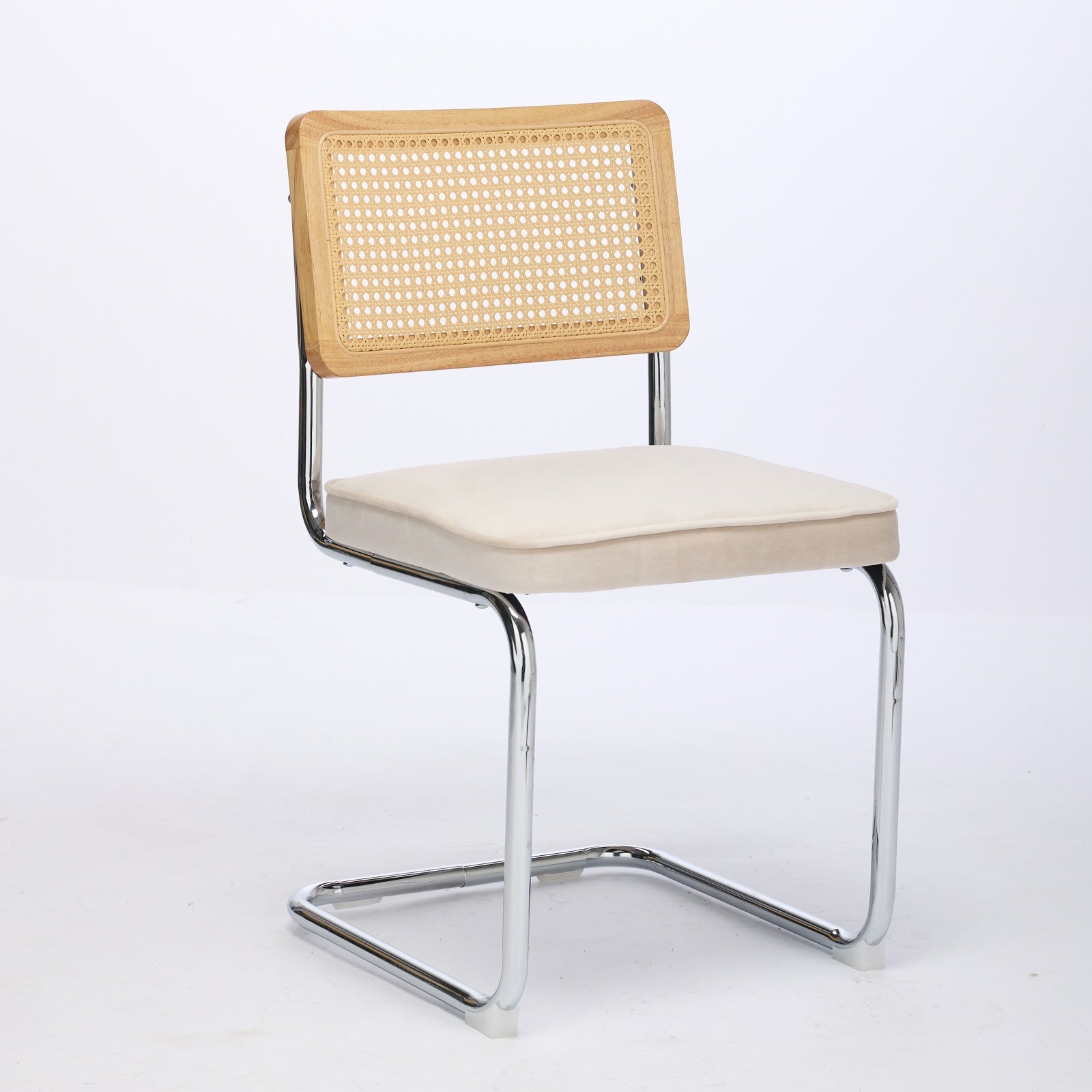 Mid Century Modern Dining Chairs Set of 2, Velvet Accent Chairs with Natural Cane Back & Stainless Chrome Base, Famous Breuer Designed Chairs, Upholstered Rattan Kitchen Chairs,Beige/Olive-Green/Gold