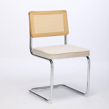 Mid Century Modern Dining Chairs Set of 2, Velvet Accent Chairs with Natural Cane Back & Stainless Chrome Base, Famous Breuer Designed Chairs, Upholstered Rattan Kitchen Chairs,Beige/Olive-Green/Gold