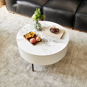 Modern Round White & reall wood color Coffee Table with Drawers and metal legs,Drum Coffee Table with Golden Legs Circular Center Table with ceramic Pattern Top for Living Room Apartment Office-White