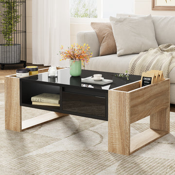 High Glossy Coffee Table with 2 Drawers, Practical Two Tone Center Table with Hidden Compartments, Rectangle Cocktail Table with Open Storage Shelf for Living Room, Bedroom, White/Black, 41.3*23.6