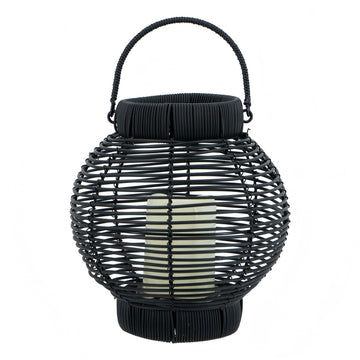 8.7x8.7x9.8''-Black-Poly-Rattan-Lantern-With-White-LED-Candle