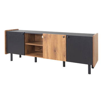 Mid Century TV Stand with 3 Cabinets, Media Console Table for TVs up to 70'', Entertainment Center with Storage for Living room, Bedroom, Black Color Top Panel & Handle