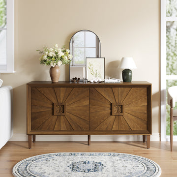 60inches Farmhouse Sunburst TV Stand, Rustic Credenza with Adjustable Shelves Heavy Duty Storage Cabinet