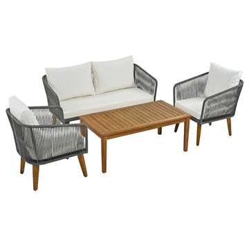 Patio Furniture Set, 4 Pieces Outdoor Furniture Set with Loveseat, Patio Rope Conversation sets with Cushions for Backyard, Poolside, Garden (Beige Cushion + Grey Rope)