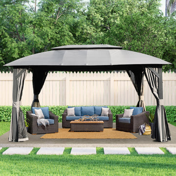 Gazebo 10x14FT, Outdoor Gazebo with Double Roofs, Privacy Curtains, Mosquito Nettings, Heavy Duty Metal Frame Party Tent Canopy for Patio, Backyard, Deck, Lawn, Grey/Brown