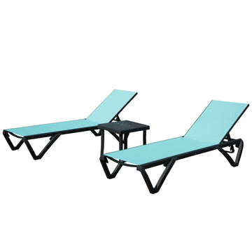 Outdoor Lounge Chair Set, Aluminum Plastic Patio Chaise Lounge with Side Table & 5 Position Adjustable Backrest & Wheels, Lake Blue