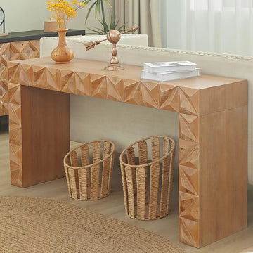 Modern Geometric Wooden Console Table – Dark Brown / Natural Wood Finish with Handcrafted 3D Design