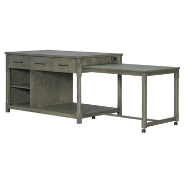 Clihome Extendable Kitchen Island with Storage, Multi-Functional Kitchen Cart with Built-In Power Outlets, Retro Kitchen Island on Wheels with Drawers and Open Shelves for Kitchen (Gray)
